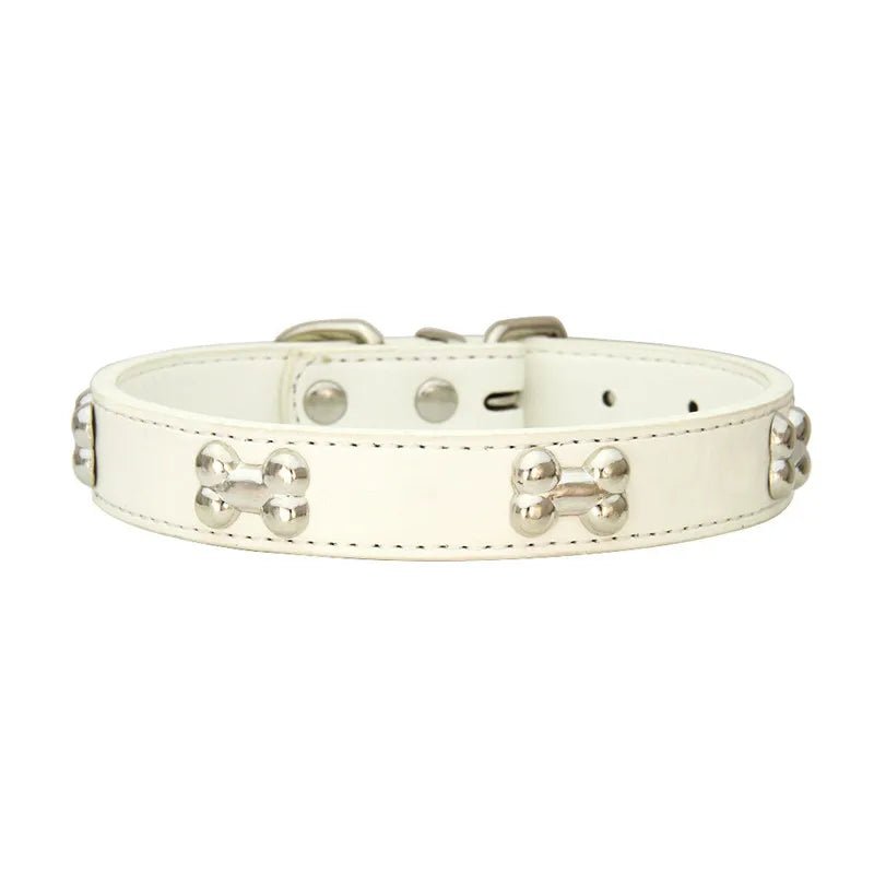 collier chien blanc en cuir avec motif os