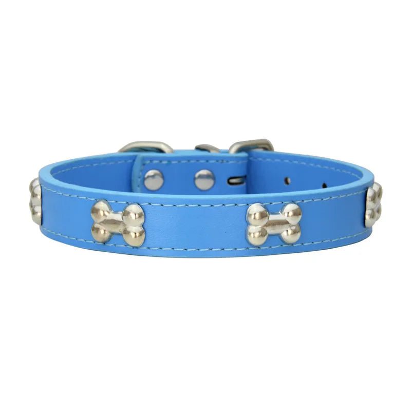 collier chien bleu en cuir avec motif os