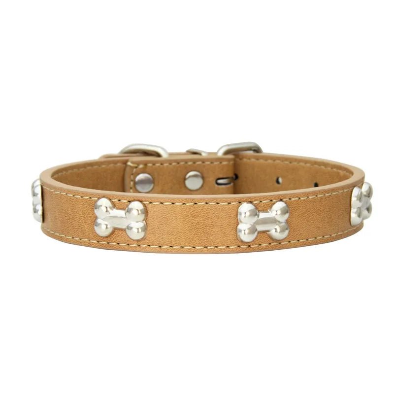 collier chien brun en cuir avec motif os