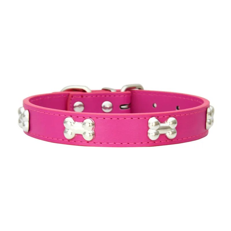 collier chien rose rouge en cuir avec motif os