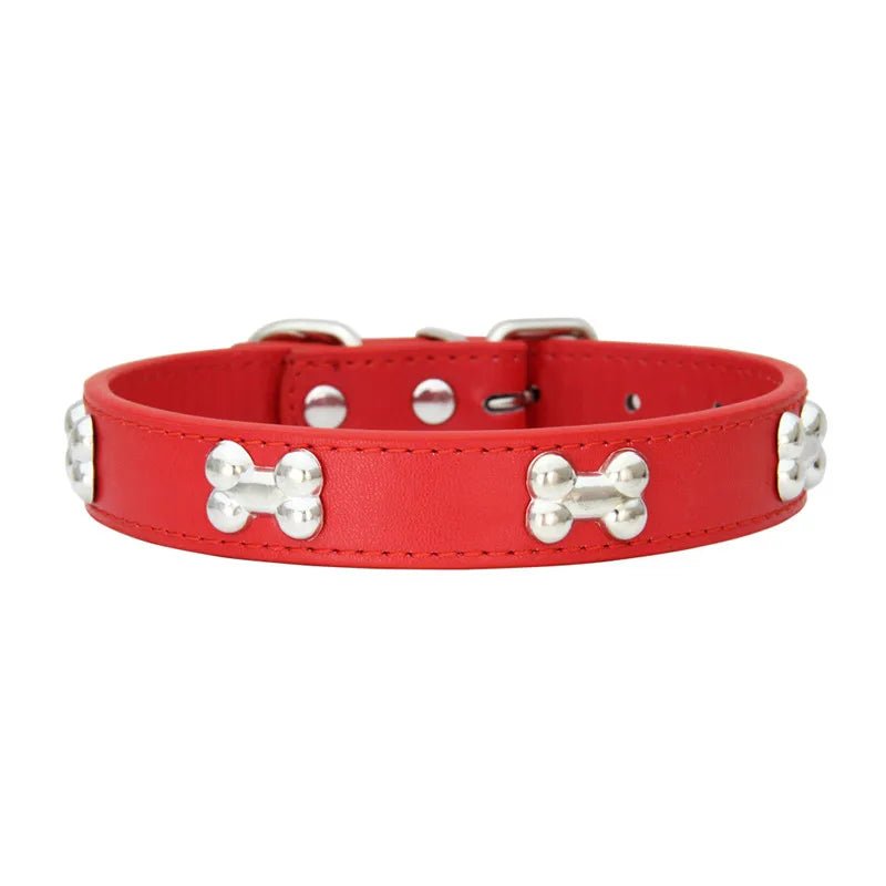 collier chien rouge en cuir avec motif os