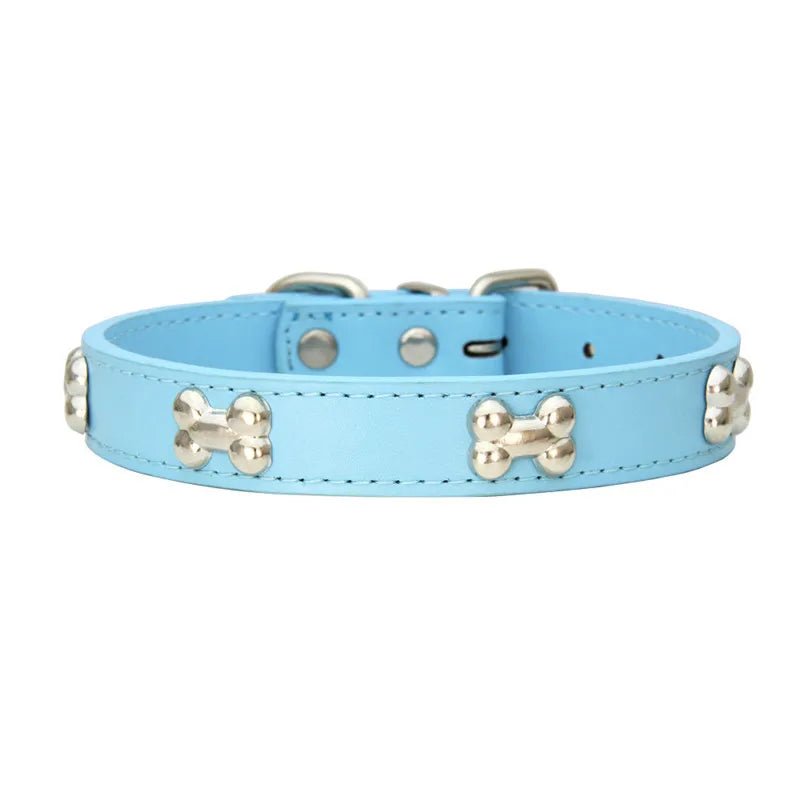 collier chien bleu ciel en cuir avec motif os